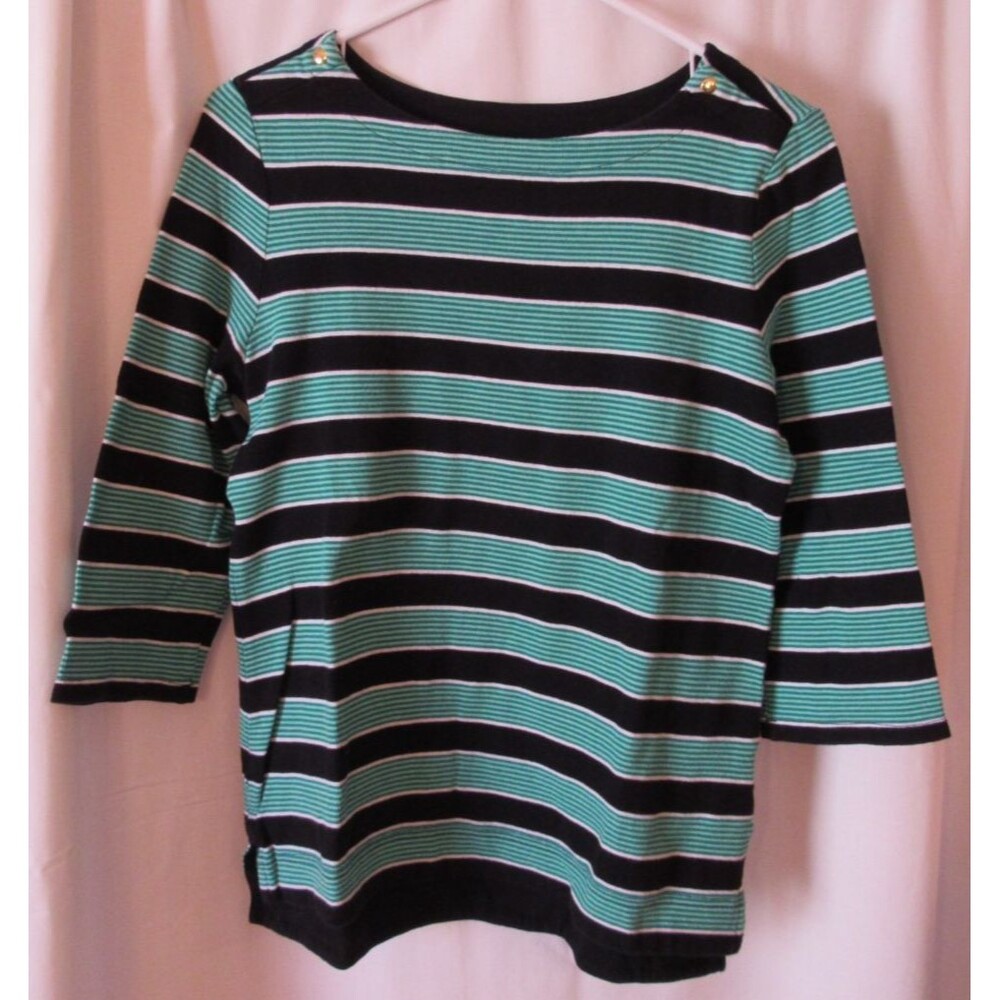 Croft & Barrow Black/Green/White Striped 3/4 Sleeve Boat Neck Shirt Size Small